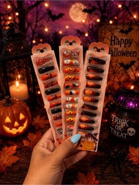 Prince Halloween Press-On Nails - Orange & Black Pumpkin Ghost Designs